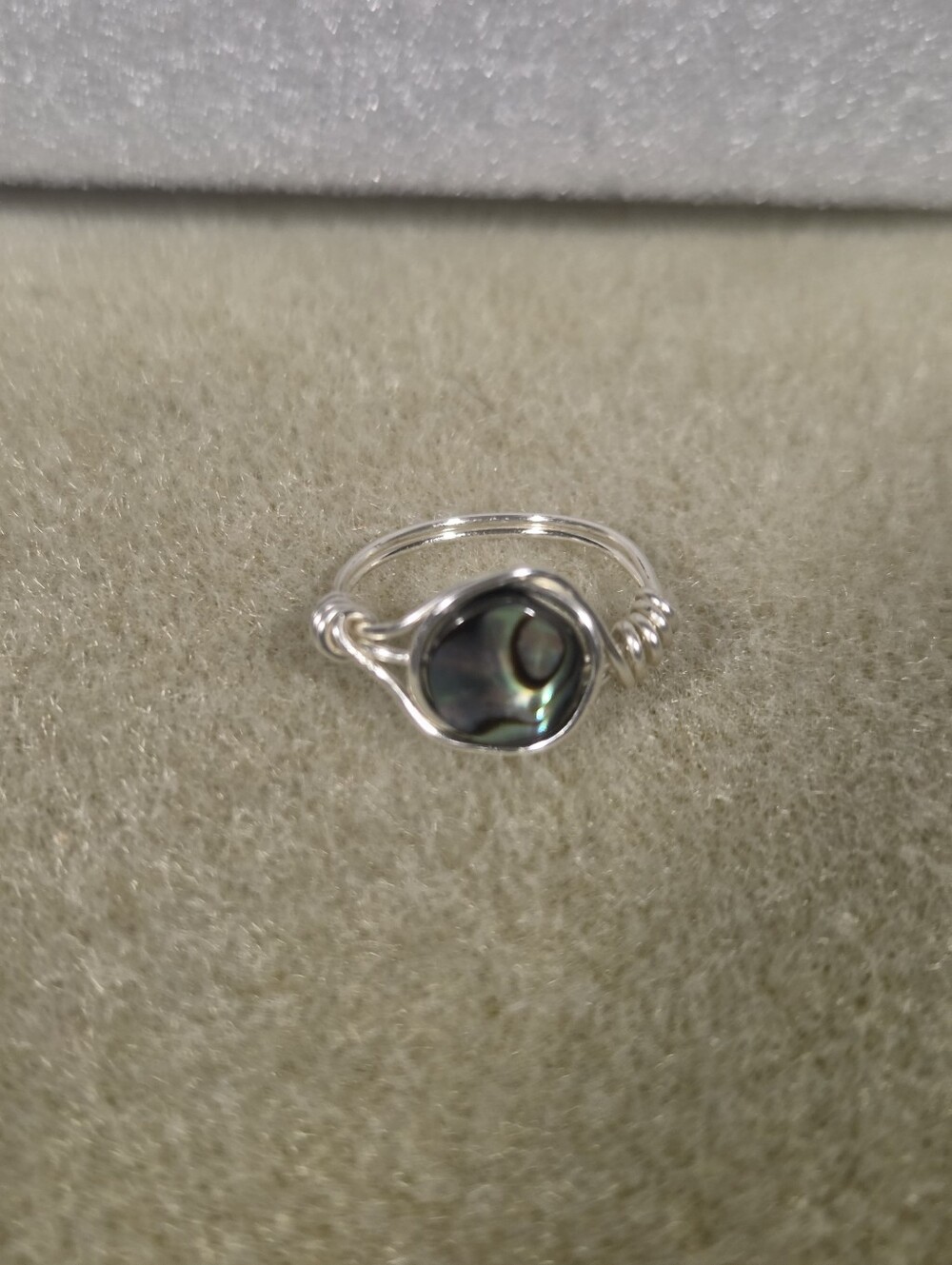 Handcrafted Silver Wire-Wrap Abalone Shell Ring - Iridescent Black-Green